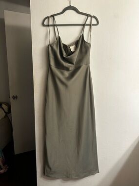 BHLDN Olive Satin Cowl Slip Midi Dress